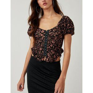 Free People Black Top with Bronze Floral Print